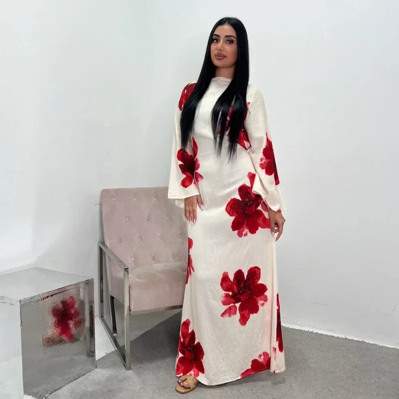 Elegant Floral Print Abaya Dress for Muslim Women Modest Full-Length Ankle-Grazing Maxi Robe 2025 Summer Islamic Turkey Outfit