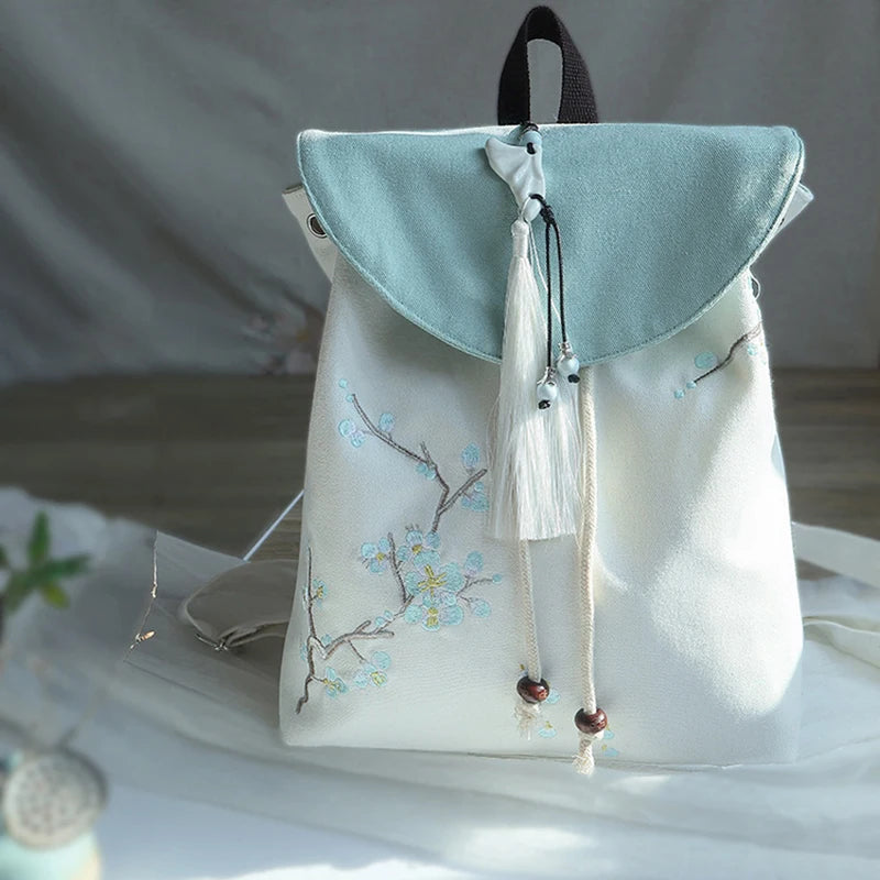 Women's Canvas Embroidered Flower Tassel Backpack Chinese Style Hanfu Casual Pendant Multi Pocket Large Capacity Girls Handbag