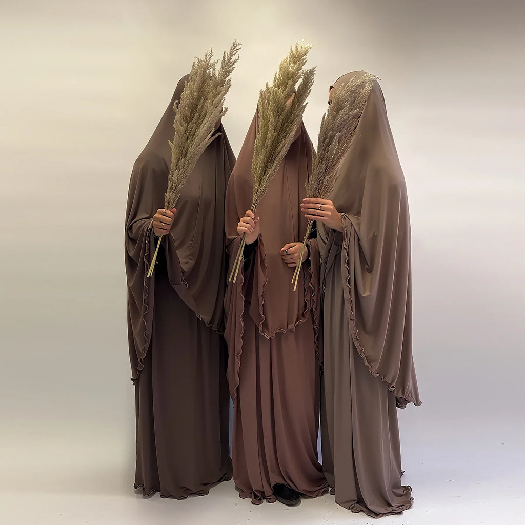 Two Piece Arabic Muslim Women Set Elegant Dubai Hijab Abaya Eid Middle East Prayer Clothes Islamic Khimar Outfit Moroccam Kaftan