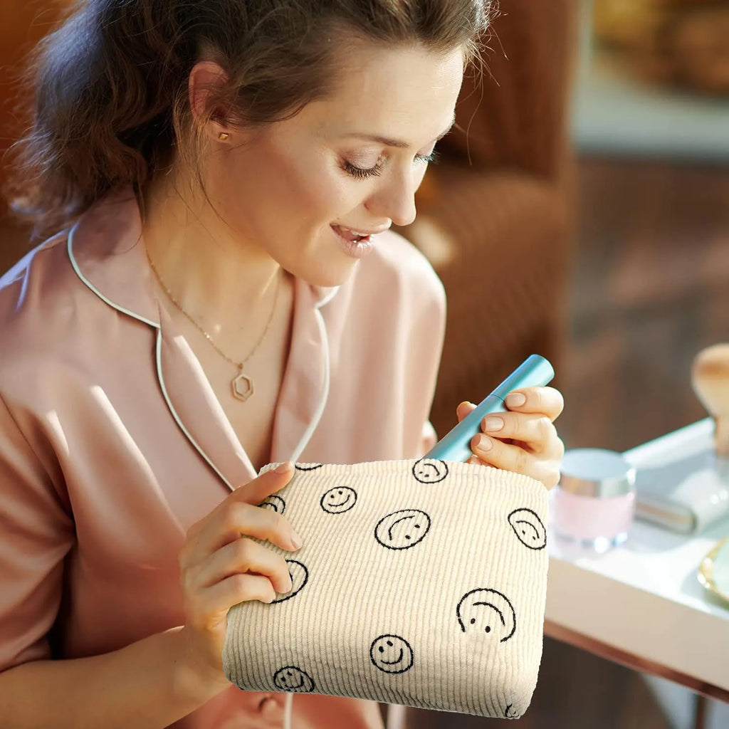 Makeup Bag For Women - Corduroy Cosmetic Bags Aesthetic Design Ladies Tote Bag, Cute Smiley Face Makeup Organizer with Zipper