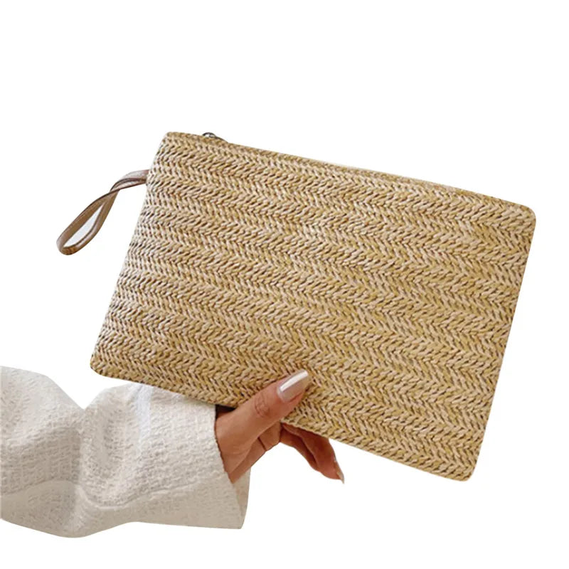 Women Clutch Bag Handmade Backpack Fashion Ladies Wristlet Girl Phone Solid Straw Woven Coin Purse Beach Wallet Fresh Sweet