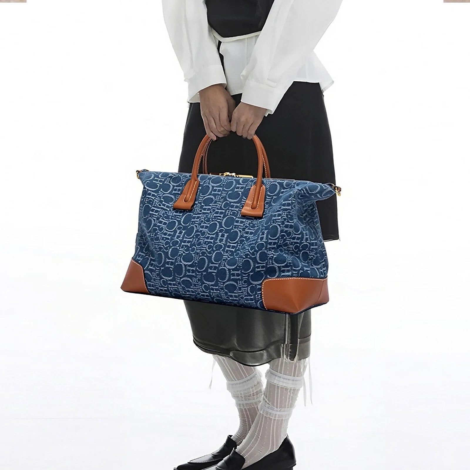 Geometric Letter Pattern Travel Totes – Sophisticated Blue Fabric  Leather Accents Metallic  for Urban Mobility Chic Versatility