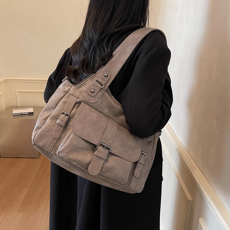 Women Tote Bag Fashion Underarm Pouch Large Capacity Soft Pu Leather Shoulder Bag Retro Crossbody Bag Casual Portable BucketBags