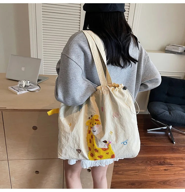 Leisure Large Capacity Single Shoulder Bag Trendy Embroidered Nylon Tote Bag School Style Sweet Handle Bag
