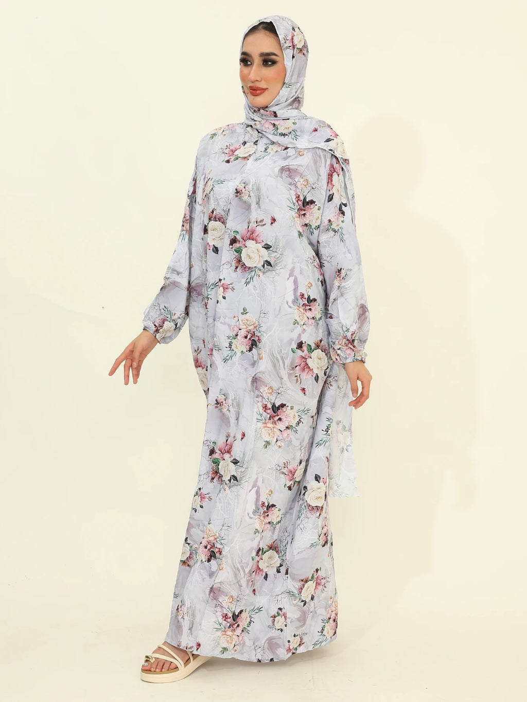 Autumn New Muslim Fashion Abaya Dresses with Hijab One Piece Prayer Dresses Flower Printed Pretty Dubai Abayas