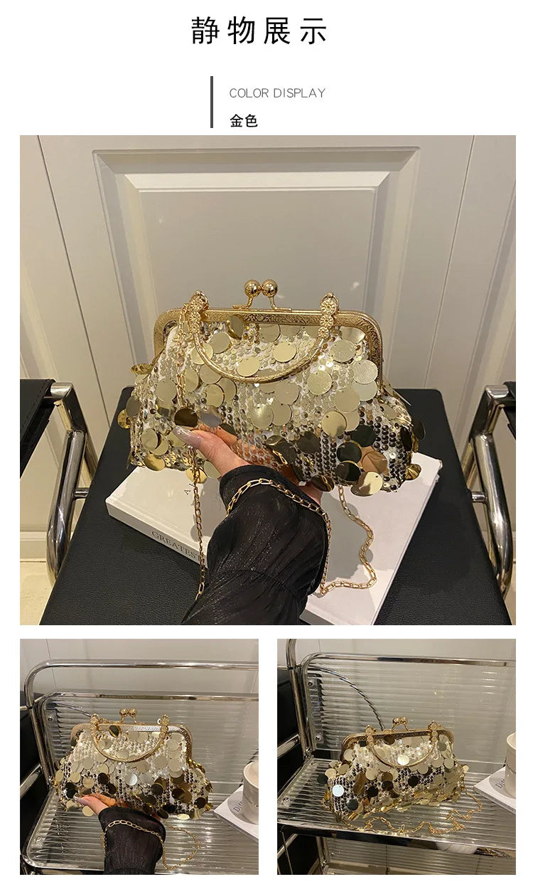 Elegant Sequined Evening Shoulder Bags for Women Solid Color Ladies Clip Chain Crossbody Bag Casual Female Shell Handbags Purse