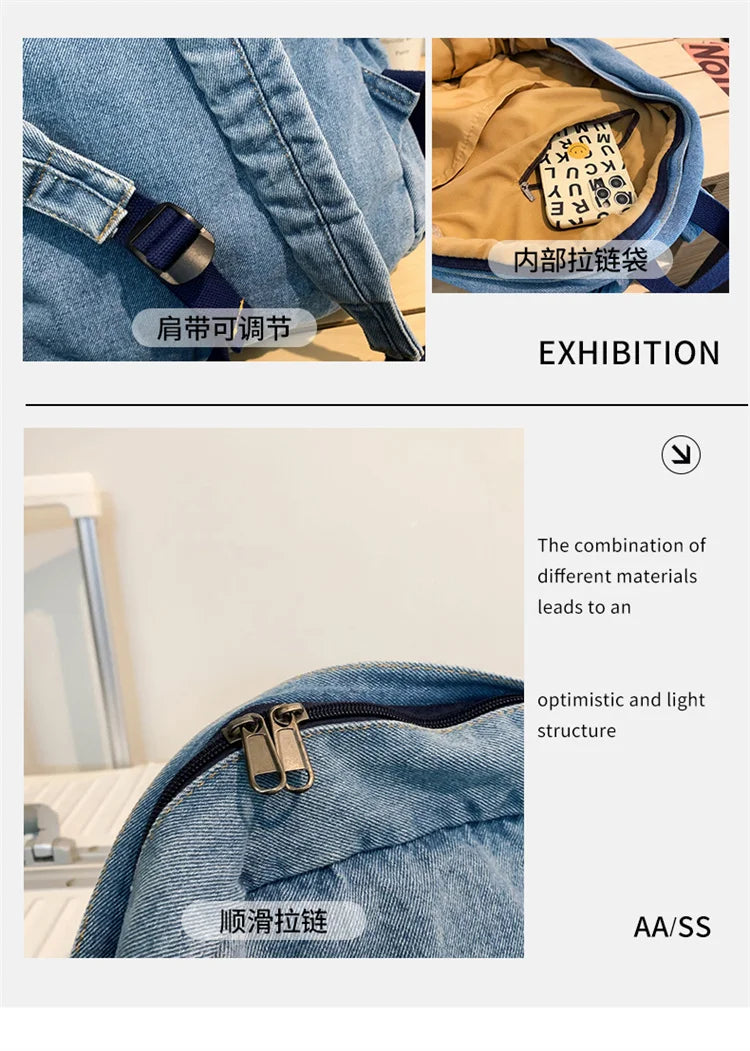 Blue Denim Backpacks For Women 100% Cotton Leisure Or Travel Bags Unisex Large Capacity Canvas Satchels Cloth Korea School Bags