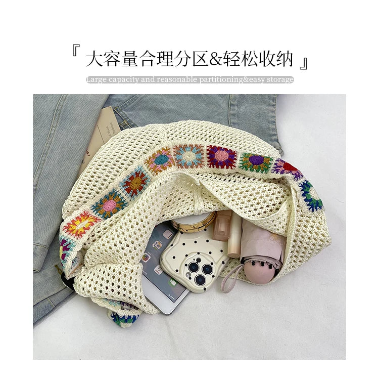 2025 Summer New – Bohemian Fresh Hollow Woven Tote Bag – Large Capacity Single-shoulder for Leisure & Vacation