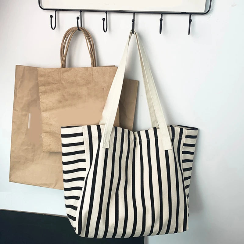 New Beach Tote Bag Fashion Women Canvas Summer Large Capacity Striped Shoulder Bag Tote Handbag Shopping Shoulder Bags ﻿