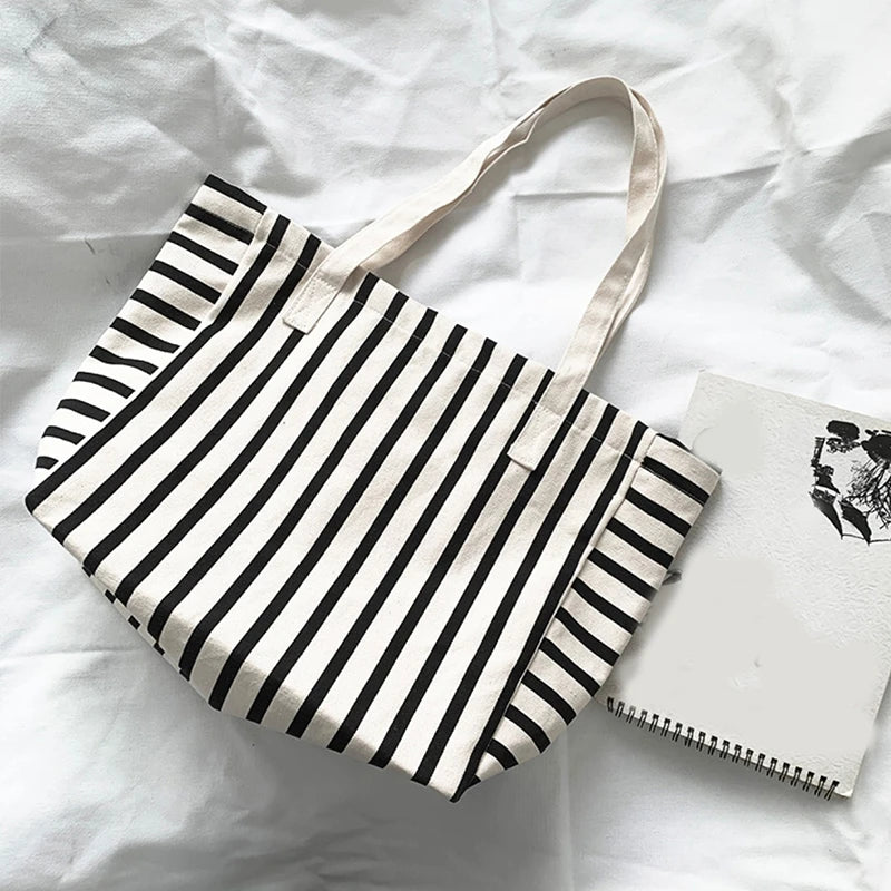 New Beach Tote Bag Fashion Women Canvas Summer Large Capacity Striped Shoulder Bag Tote Handbag Shopping Shoulder Bags ﻿