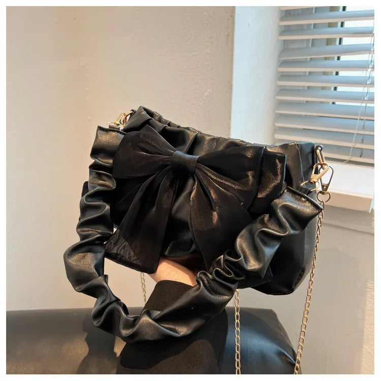 Fashion Casual Handbags For Women Cute Bow Black White Blue Kahki PU Handbags Trendy Daily Shoulder Underarm Bags bolsa feminina