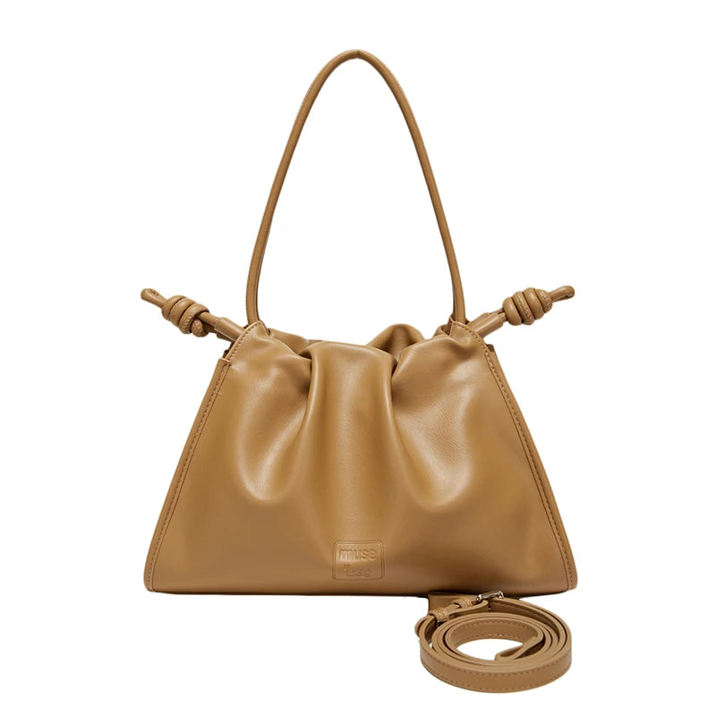 Women Fashion PU Handbags Drawstring Design Stylish Tote Bags Versatile Shoulder Bags Beige PU Leather Bags for Daily Use