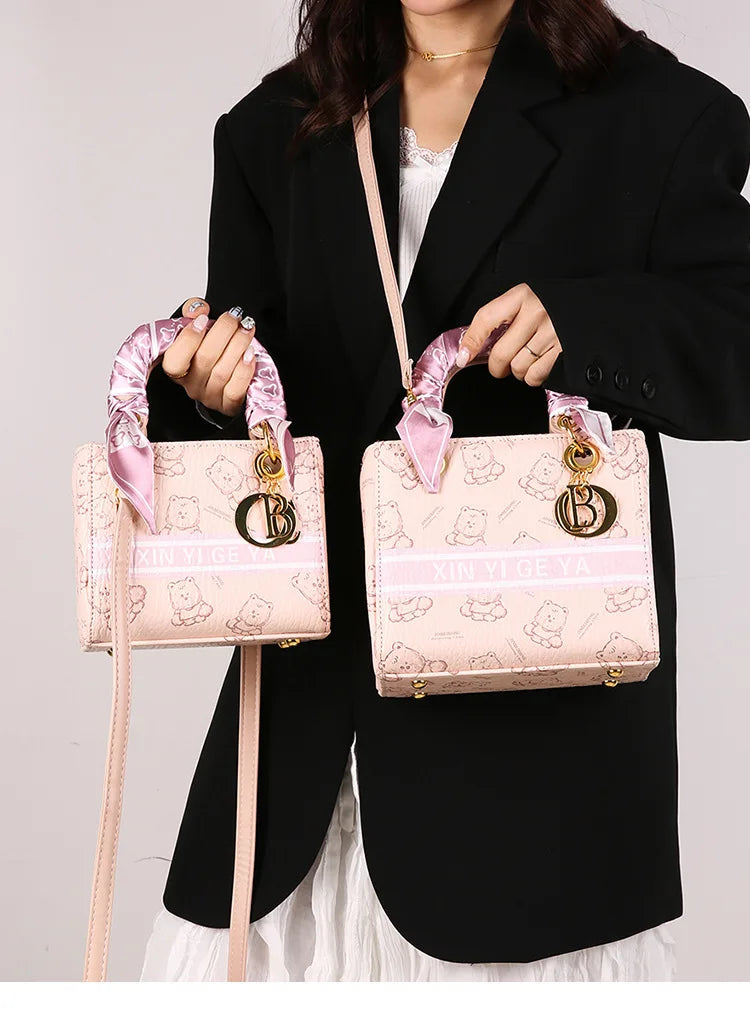 Luxury Bear Print Tote Bag for Women 2025, French Inspired Bucket Shoulder Purse, High Quality PU Leather Crossbody Bag