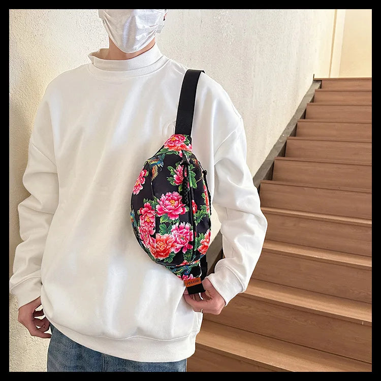 Women Fanny Bag Pack Large Flower Nylon Belt Bags Fashion Waist Pack Zipper Bag Adjustable Lightweight Multifunction Waterproof