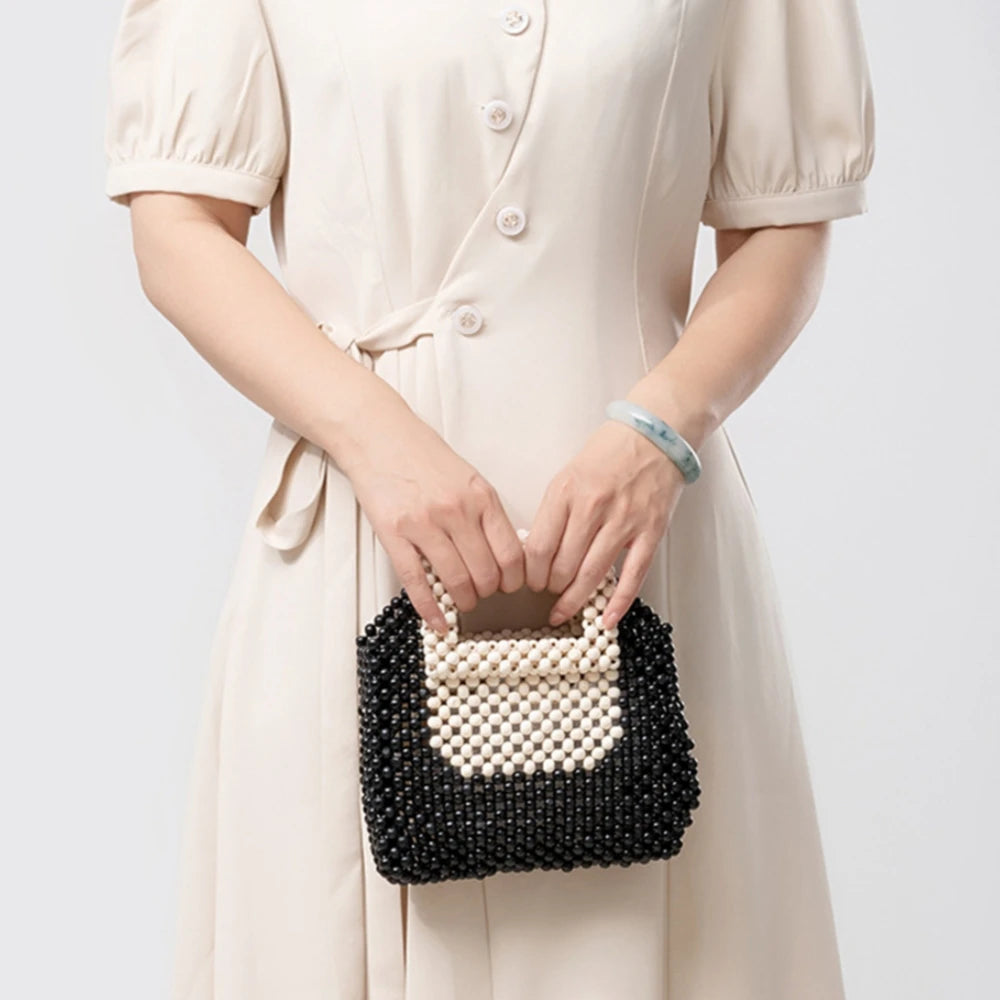 Luxury Wooden Beads Tote Bags Vintage Women's Square Handbag Handmade Fashion Banquet Bags Summer Casual Beach Purses Bag Bolsos