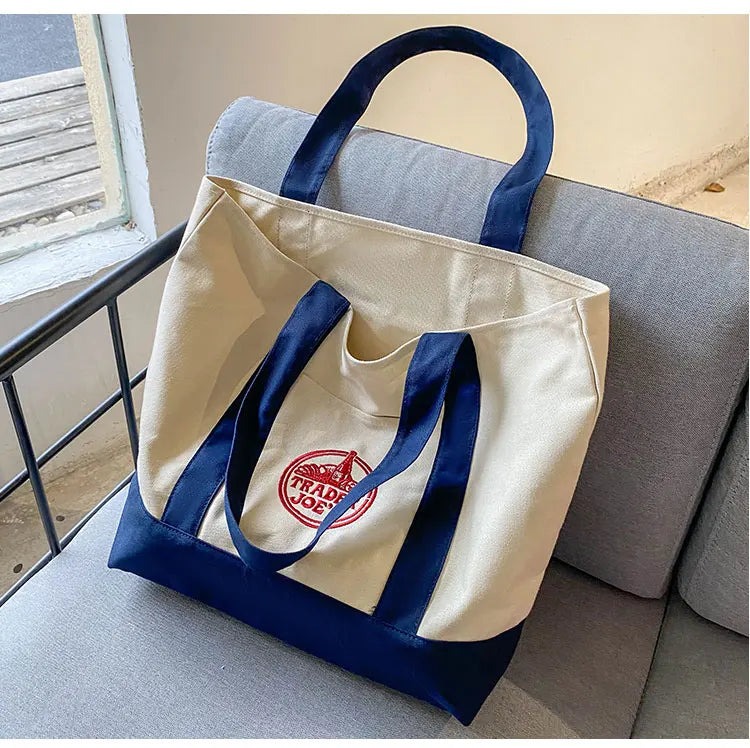 Tr Joe's Large Capaci op Bag Canvas Bag Embroidered Casual Handheld Single oulder Bag Contrast Color Trend Summer