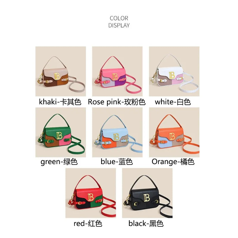 Luxury women's crossbody bag with color-blocking and stitching, box-style multi-color textured light luxury commuter bag.