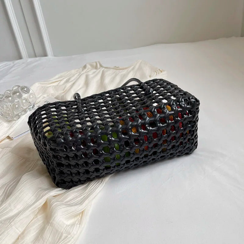 LEFTSIDE Small Solid Color Weave Tote Bags for Women 2025 Fashion Summer Shoulder Bags Simple Handbags Hollow Out Beach Bag