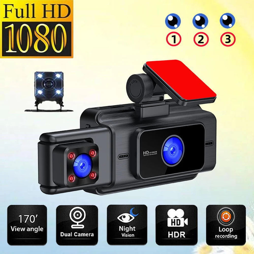 Dash Cam HD 1080P for Car DVR 3CH 360 Camera 24H Parking Monitor & GPS Night Vision Auto Video Recorder 128Gmax Vehicle DVR