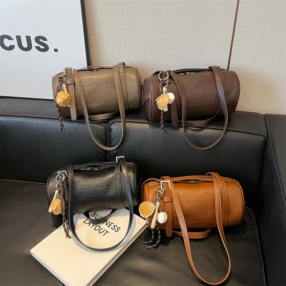 Multifunctional Cylinder Shaped Shoulder Bags For Women 2024 Winter Latest Designer Handbags Luxury Cross Body Bag With Pendant