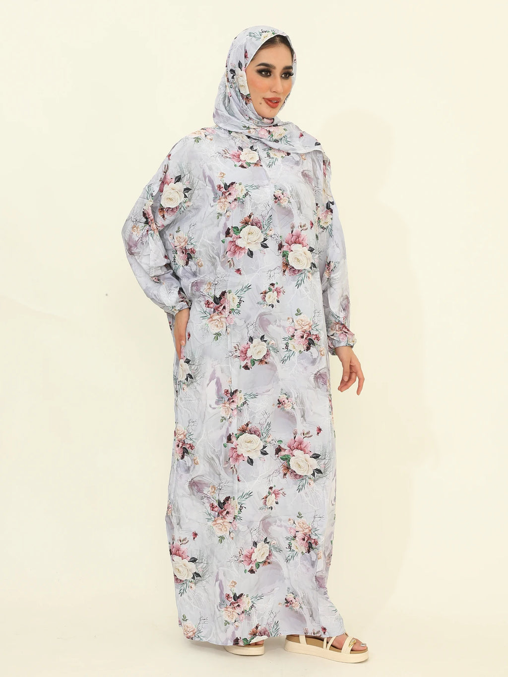 Autumn New Muslim Fashion Abaya Dresses with Hijab One Piece Prayer Dresses Flower Printed Pretty Dubai Abayas