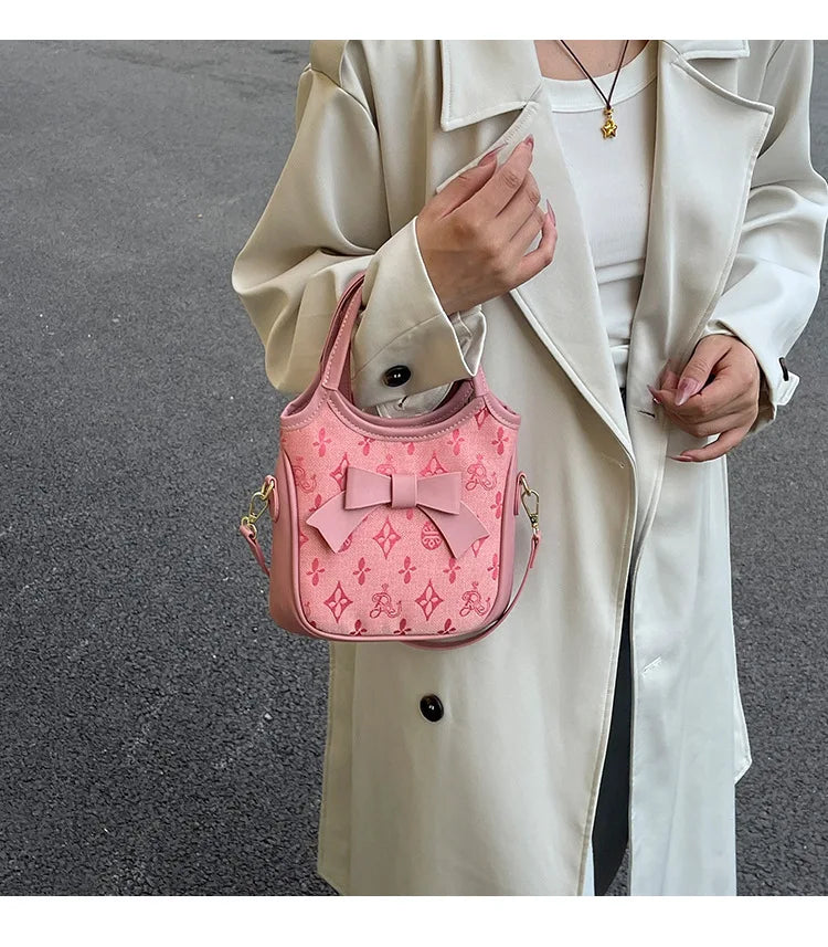PU Hand-held Bow Bucket Bag Trendy Fashion Shoulder Bag Simple Versatile Women's Bag Commuter