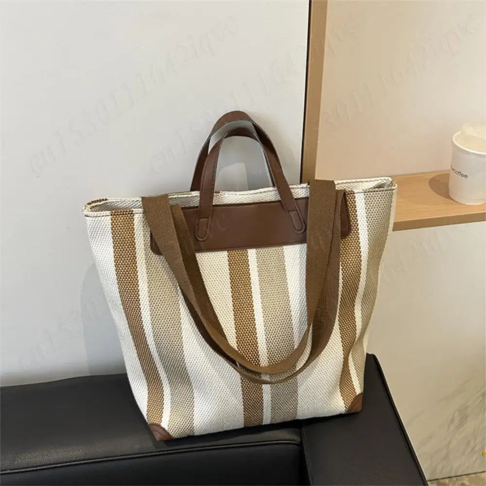 Striped Hobo Shoulder Bags Women Zipper Bucket Bags Canvas Tote Bag Simple Handbag Daily Commuting Bag Travel Top-Handle Bags
