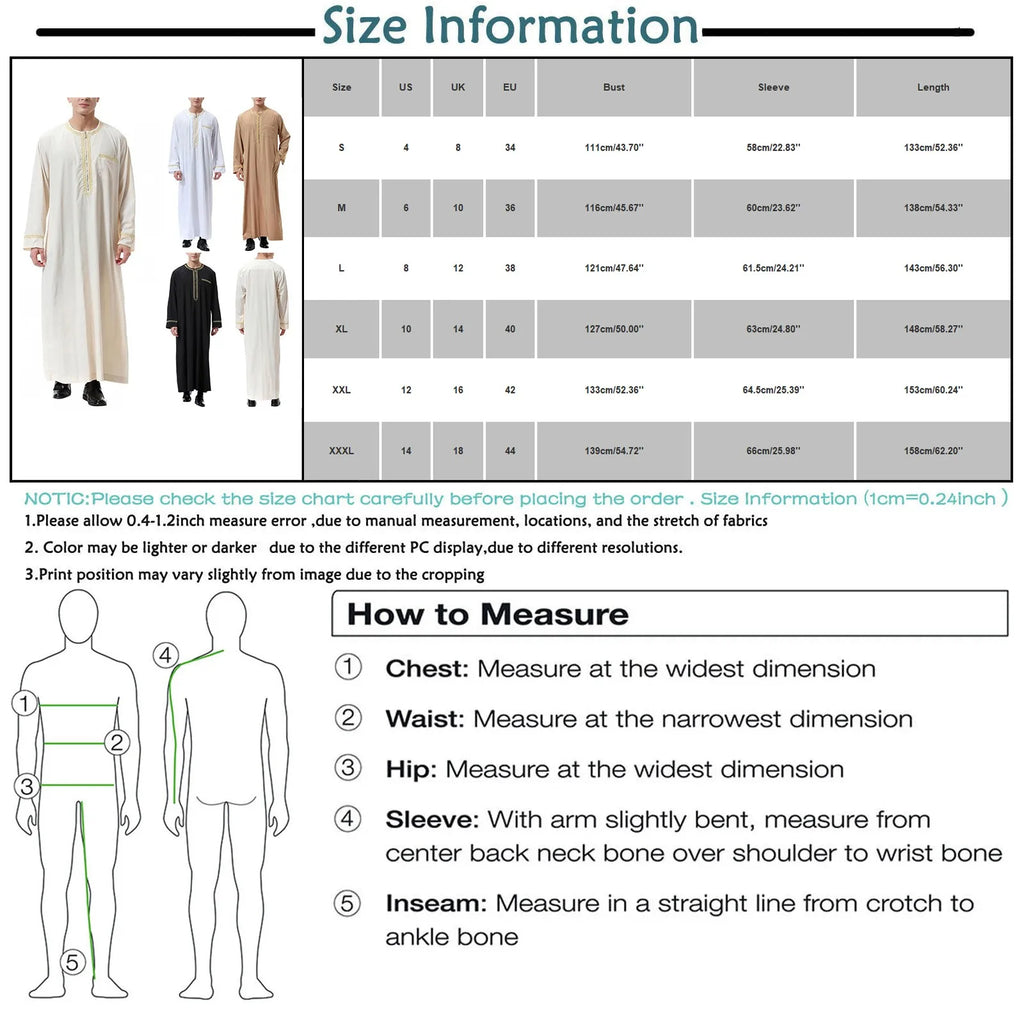 Traditional Muslim Clothing Men's Muslim Shirt robe embroidery Islamic Royalty Dubai Robe O-Neck Long Sleeve Retro Loose Abaya