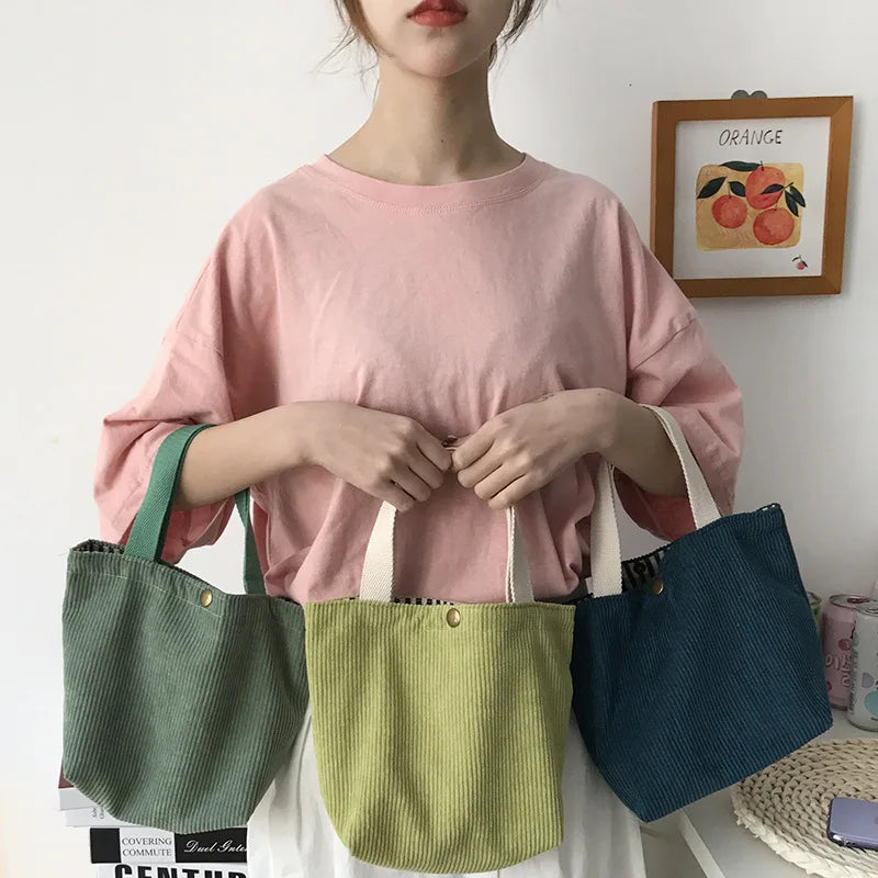 Lunch Bag Corduroy Canvas Lunch Box Drawstring Picnic Tote Eco Cotton Cloth Small Handbag Dinner Container Food Storage Bags