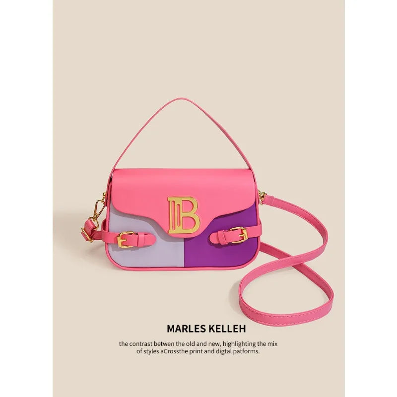 Luxury women's crossbody bag with color-blocking and stitching, box-style multi-color textured light luxury commuter bag.