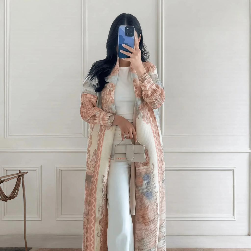 Autumn Women's Long Coat, Retro Printed Long Sleeved Muslim Abaya Saudi Fashion Wrinkled Waist Belt