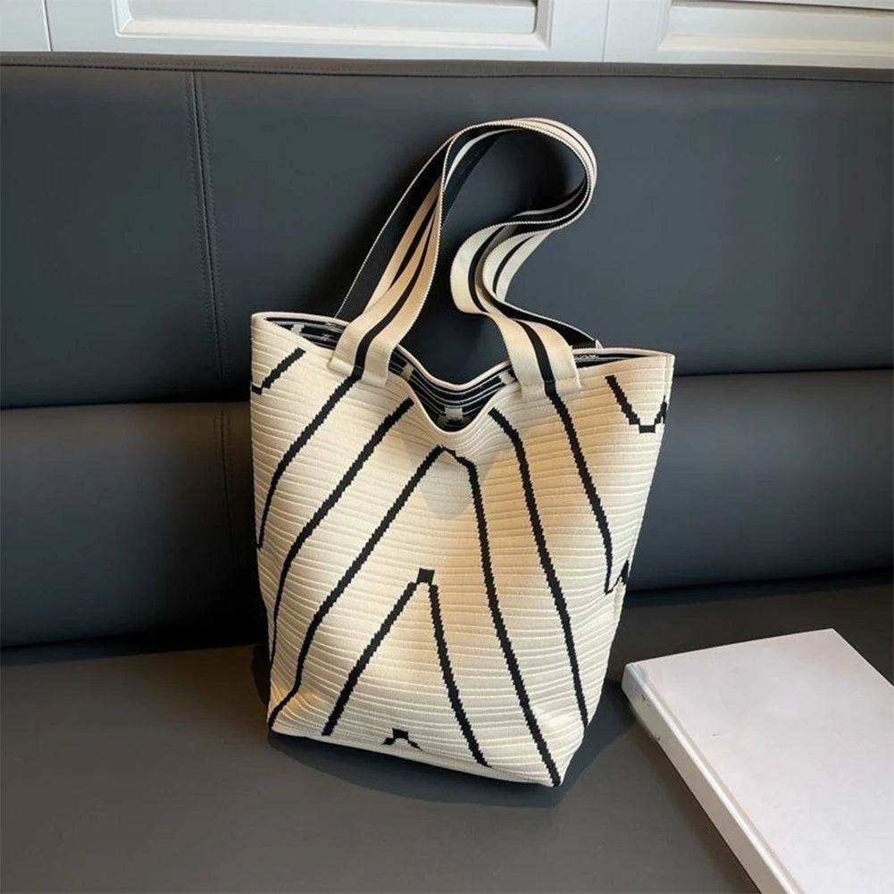 Striped Hobo Shoulder Bags Women Zipper Bucket Bags Canvas Tote Bag Simple Handbag Daily Commuting Bag Travel Top-Handle Bags