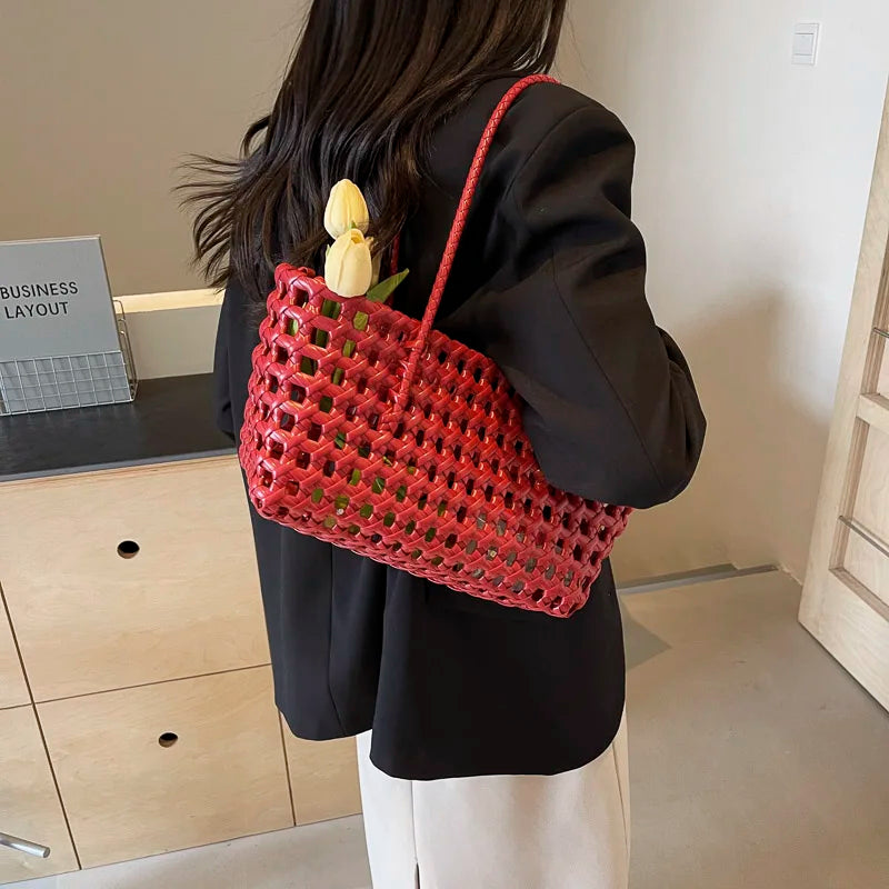 LEFTSIDE Small Solid Color Weave Tote Bags for Women 2025 Fashion Summer Shoulder Bags Simple Handbags Hollow Out Beach Bag