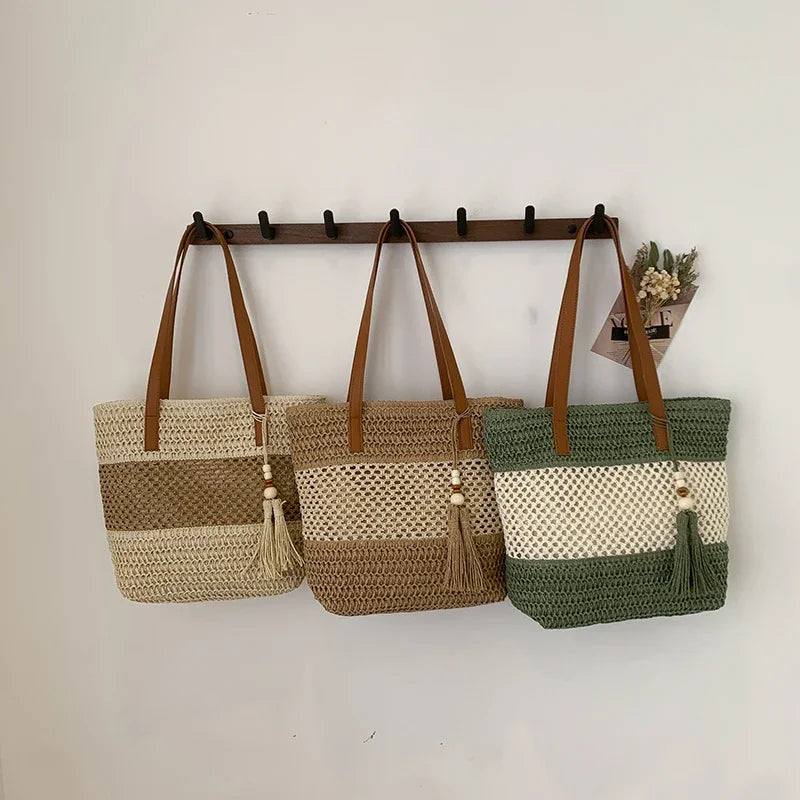 Color-blocked Linen Knitting Fashion Shoulder Bag Hollow Large Capacity Zipper Casual Tote Hot Sale Bags for Women Bolsa Mujer