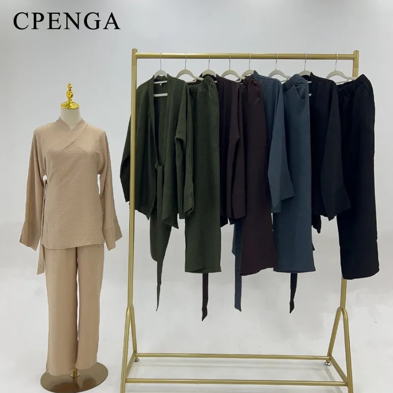 2 Piece Dubai Muslim Women Clothing Elegant Middle East Modest Top and Pants Sets 2024 Islamic Turkish Clothes Solid Outfits