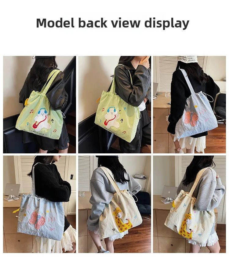 Leisure Large Capacity Single Shoulder Bag Trendy Embroidered Nylon Tote Bag School Style Sweet Handle Bag