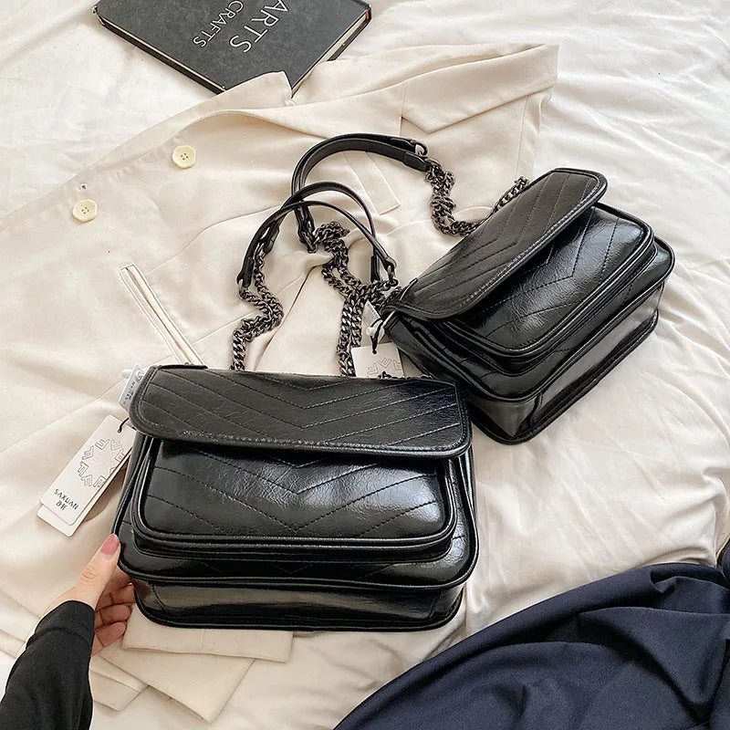 Luxury Chain Shoulder Bags For Women V-line Embroidery Dual Straps Designer Crossbody Messenger Bag Multi Pockets Female Handbag