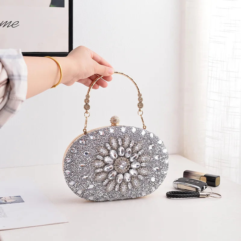Gold Round Bag Luxury Brand Rhinestone Clutch Bags for Women 2024 Crystals Party Purses Diamond Designer Crossbody Handbags