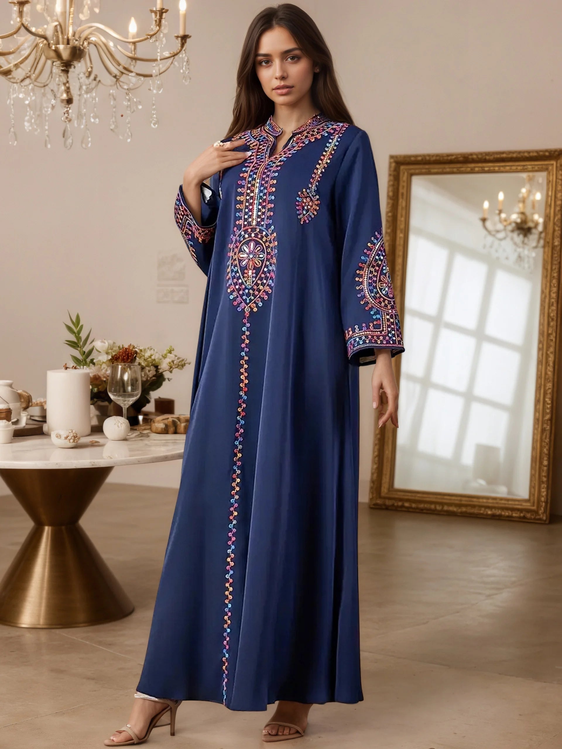 2025 Dubai Inspired Navy Blue Muslim Abaya Exquisite Colorful Embroidery Detailing Ideal for Middle Eastern High Society Galas