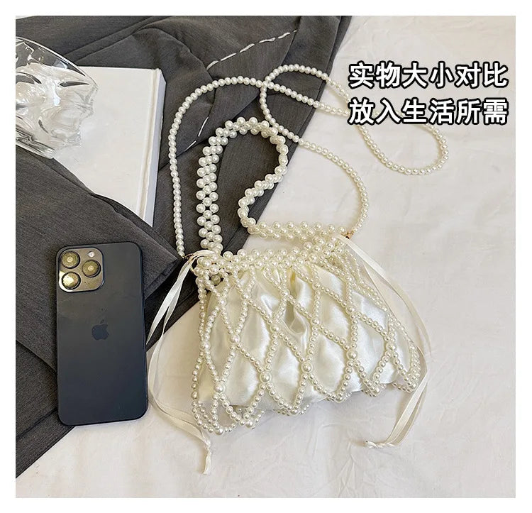 Sweet Girls Fashionable Handmade Pearl Beaded Bag French Style Hollow Out Evening Bag Elegant Single Shoulder Bag Sac A Main