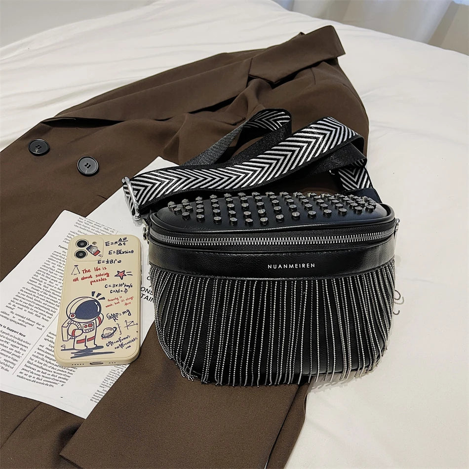 Luxury Woman Chest Bag Fashion Tassel Leather Large Capacity Crossbody Sling Bag Women Waist Bag Casual Rivet Design Travel Sac