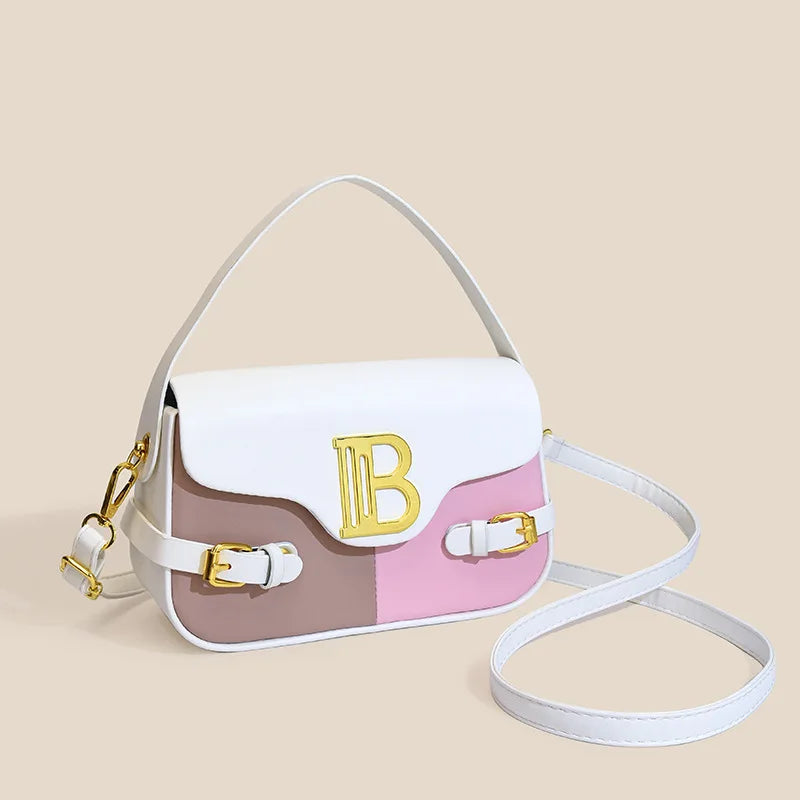 Luxury women's crossbody bag with color-blocking and stitching, box-style multi-color textured light luxury commuter bag.