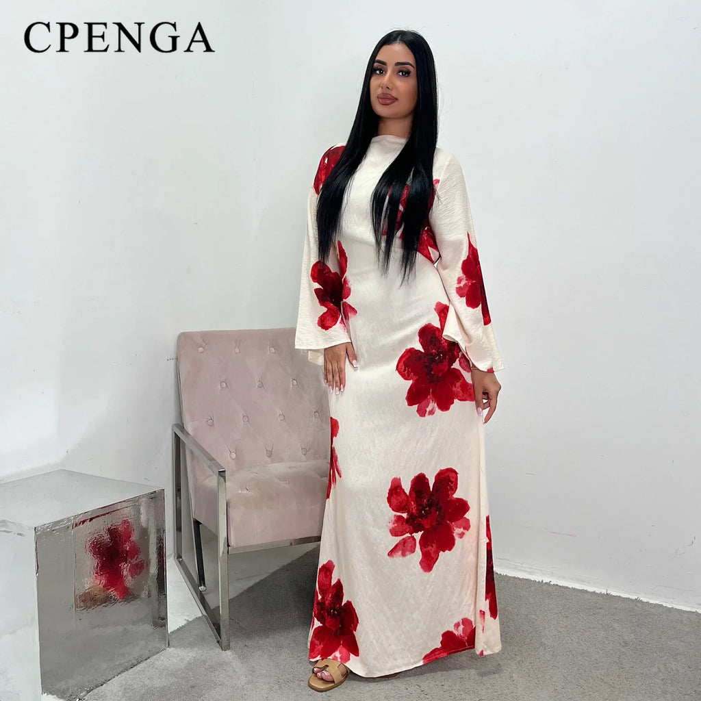 Elegant Floral Print Abaya Dress for Muslim Women Modest Full-Length Ankle-Grazing Maxi Robe 2025 Summer Islamic Turkey Outfit