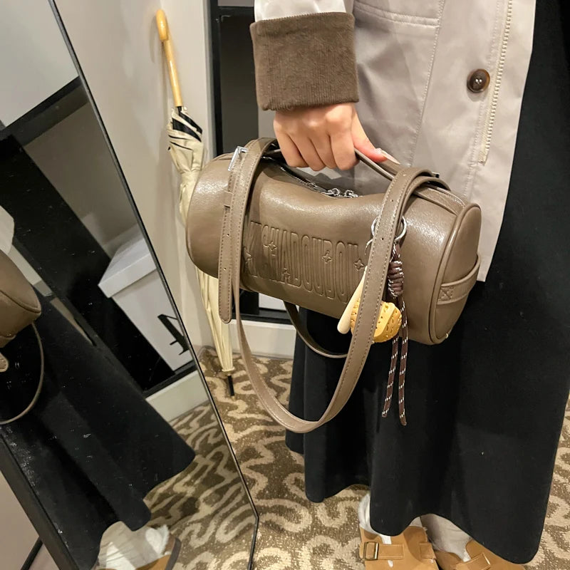 Multifunctional Cylinder Shaped Shoulder Bags For Women 2024 Winter Latest Designer Handbags Luxury Cross Body Bag With Pendant