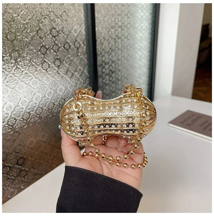 Luxury Diamond Inlay Peanut Shape Crystal Clutch Purse Stones Evening Wedding Party Shoulder Bag Handle Rhinestone Mini Handbags