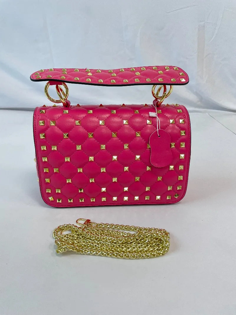 Handbags for Women Sheepskin Leather Rivet Chain Bag Designer Shoulder Bags Luxury Woman Messenger-package Rose Red