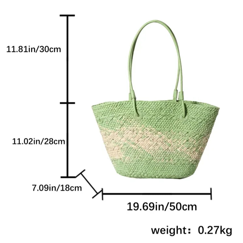 Summer Seaside Beach Bag Hand-woven Large Capacity Straw Tote Bag Gradient Color Design Women 's Travel  Vacation Shoulder Bag