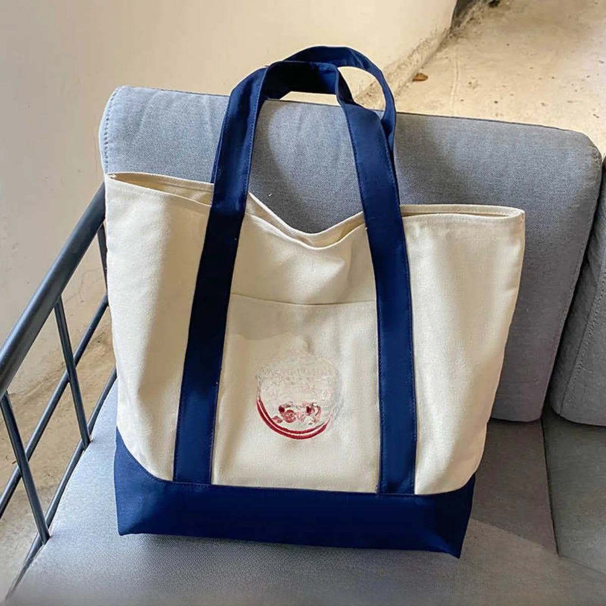 Tr Joe's Large Capaci op Bag Canvas Bag Embroidered Casual Handheld Single oulder Bag Contrast Color Trend Summer