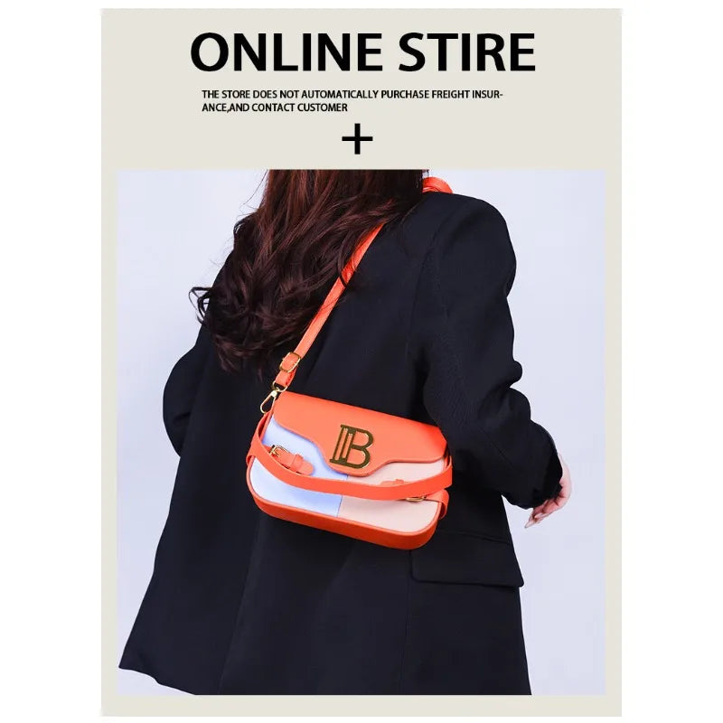 Luxury women's crossbody bag with color-blocking and stitching, box-style multi-color textured light luxury commuter bag.