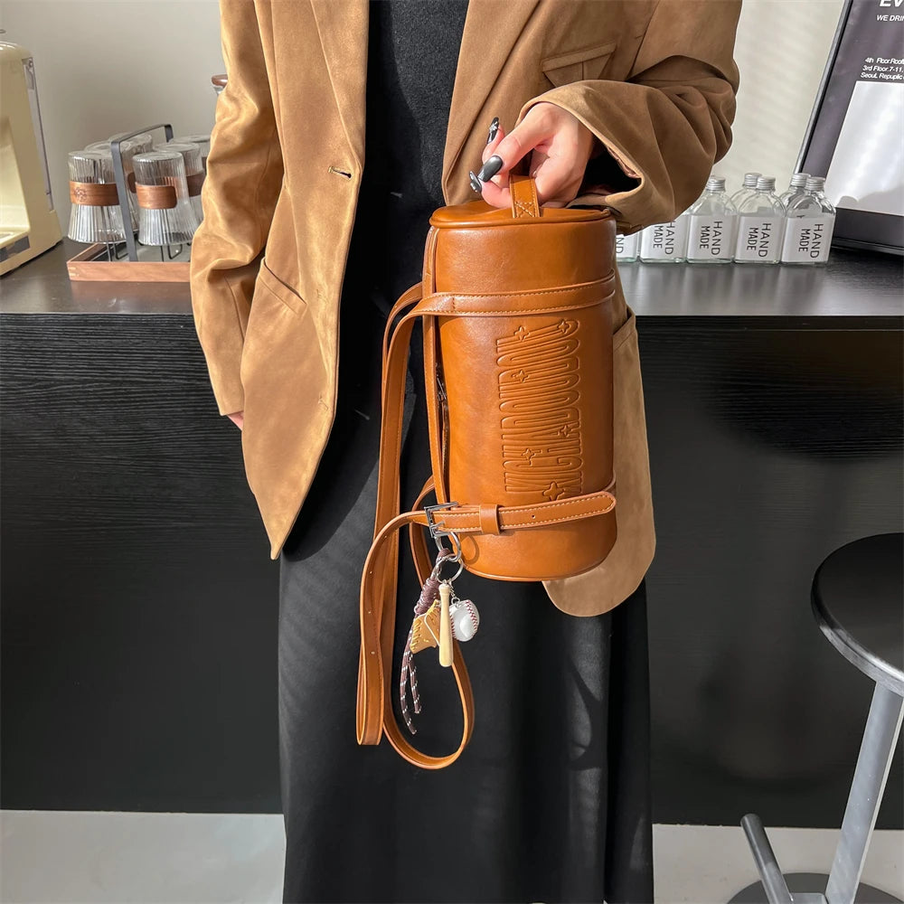 Multifunctional Cylinder Shaped Shoulder Bags For Women 2024 Winter Latest Designer Handbags Luxury Cross Body Bag With Pendant